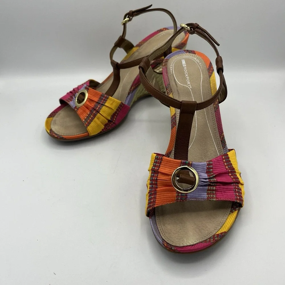 Rockport Womens Wedge Sandal Espadrile T-Strap Open Toe Leather Fabric 9 Striped